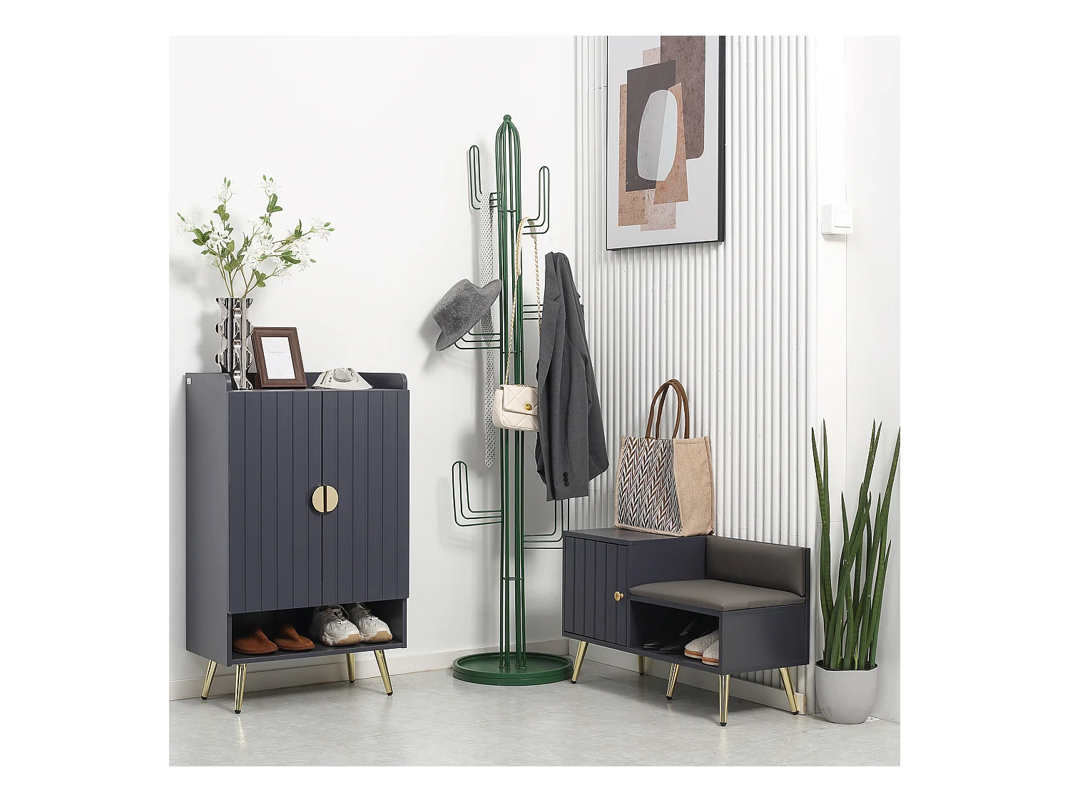 Meuble à chaussures style art déco 2 portes 3 étagères réglables niche acier doré panneaux gris