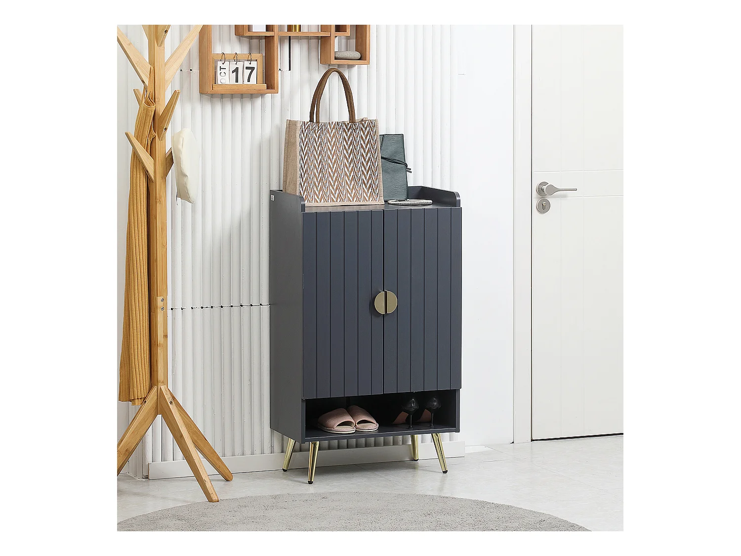 Meuble à chaussures style art déco 2 portes 3 étagères réglables niche acier doré panneaux gris