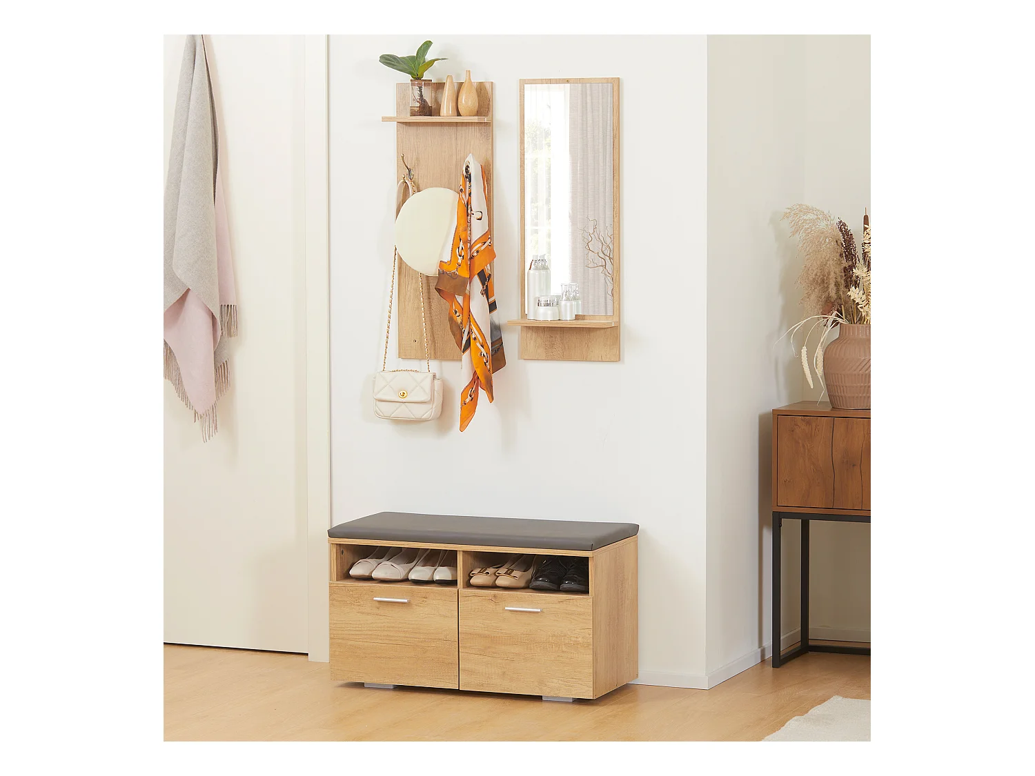 Ensemble de meuble d'entrée - vestiaire d'entrée 3 en 1 - miroir, porte-manteau, banc à chaussures - aspect bois clair gris