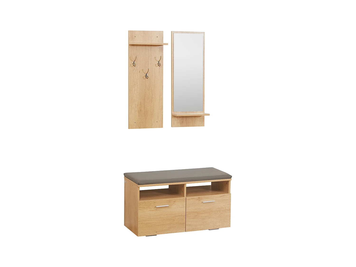 Ensemble de meuble d'entrée - vestiaire d'entrée 3 en 1 - miroir, porte-manteau, banc à chaussures - aspect bois clair gris