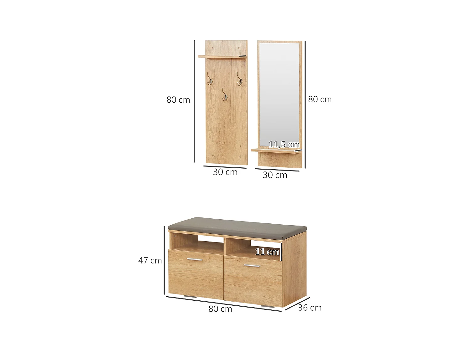 Ensemble de meuble d'entrée - vestiaire d'entrée 3 en 1 - miroir, porte-manteau, banc à chaussures - aspect bois clair gris