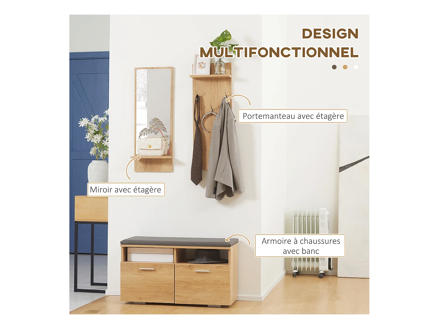 Ensemble de meuble d'entrée - vestiaire d'entrée 3 en 1 - miroir, porte-manteau, banc à chaussures - aspect bois clair gris