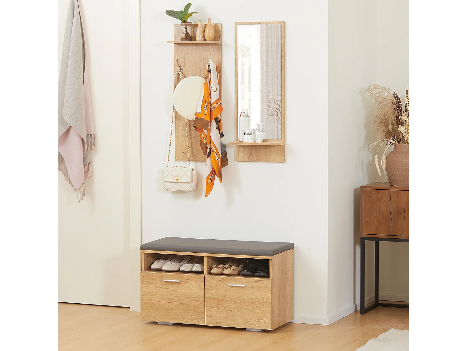 Ensemble de meuble d'entrée - vestiaire d'entrée 3 en 1 - miroir, porte-manteau, banc à chaussures - aspect bois clair gris