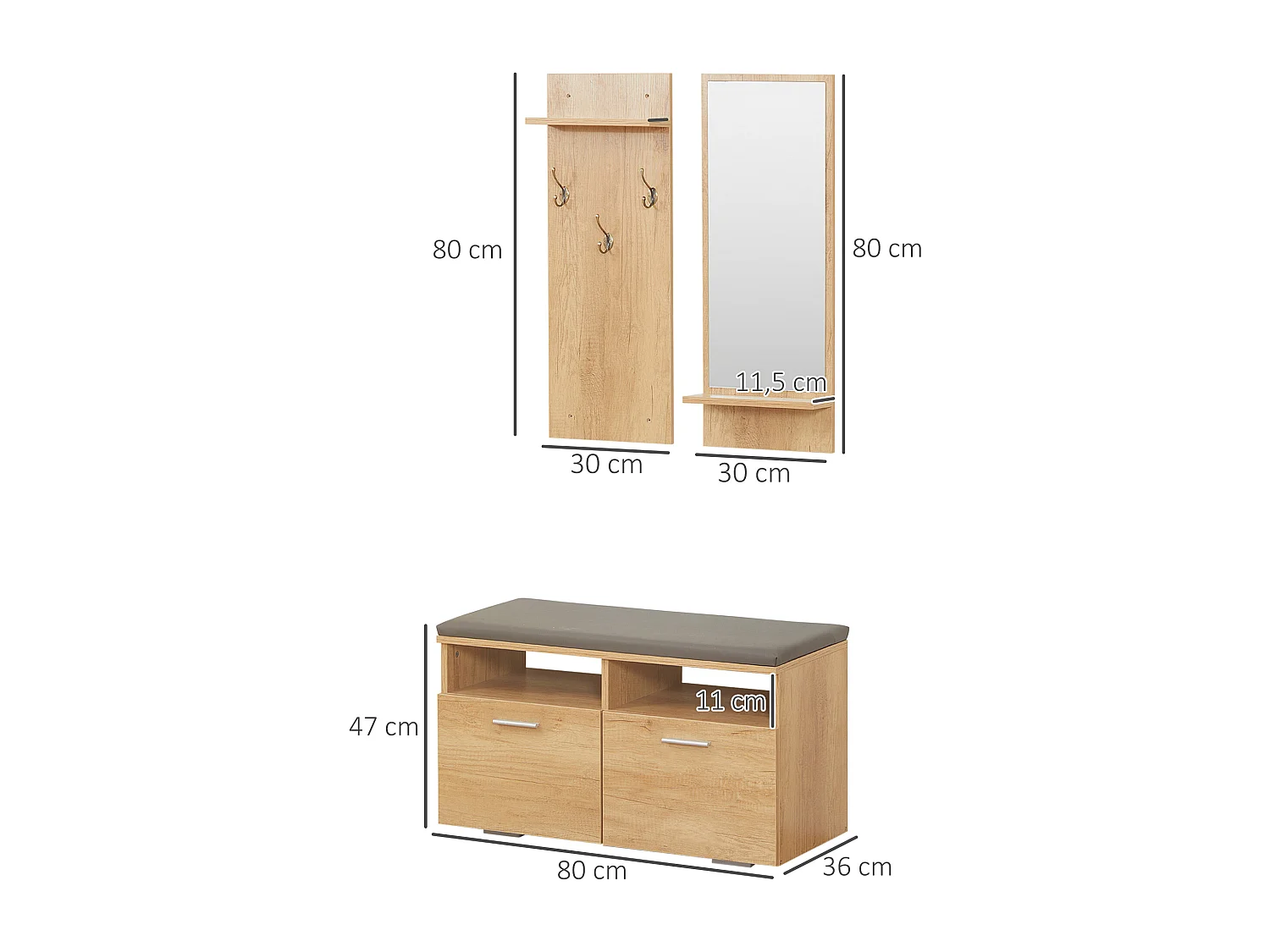 Ensemble de meuble d'entrée - vestiaire d'entrée 3 en 1 - miroir, porte-manteau, banc à chaussures - aspect bois clair gris