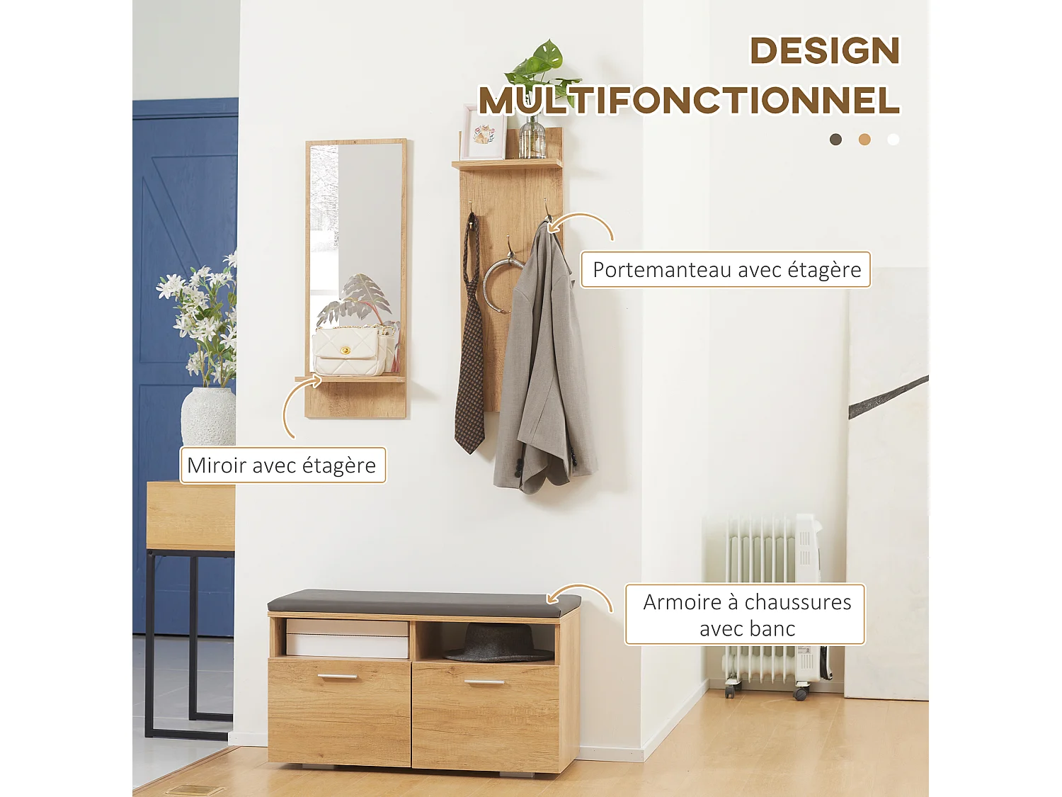 Ensemble de meuble d'entrée - vestiaire d'entrée 3 en 1 - miroir, porte-manteau, banc à chaussures - aspect bois clair gris