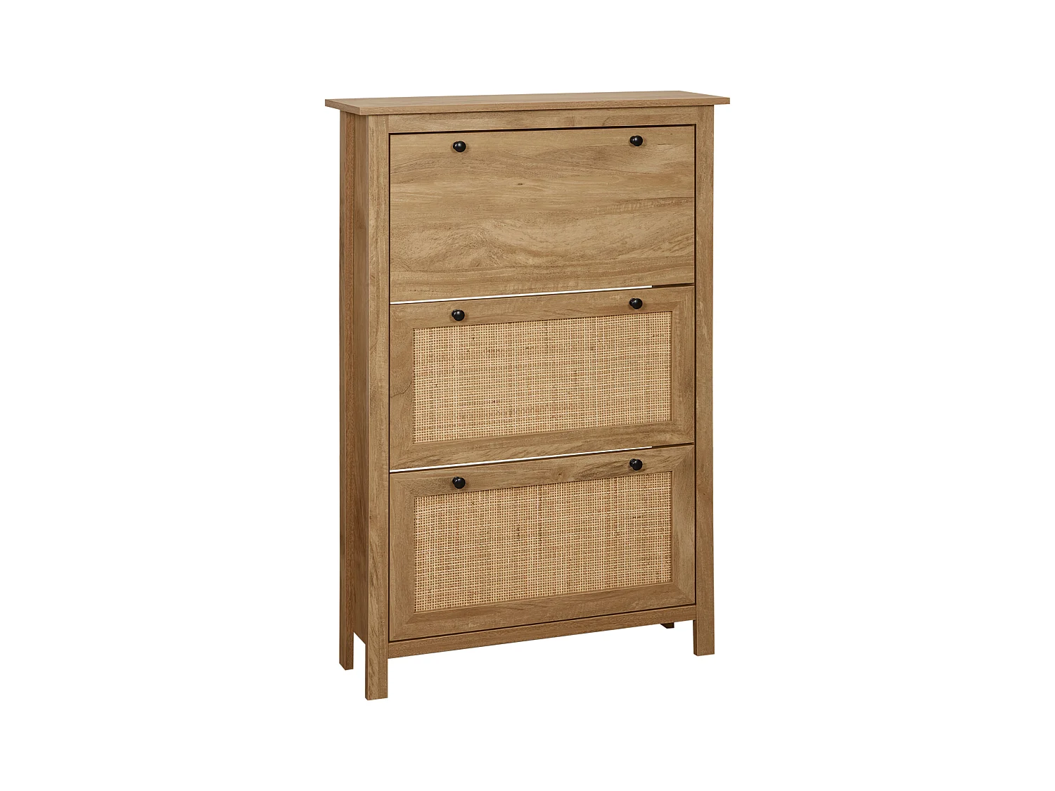 Meuble à chaussures 3 portes abattants dim. 80L x 23,5L x 121,5H cm aspect bois effet cannage rotin