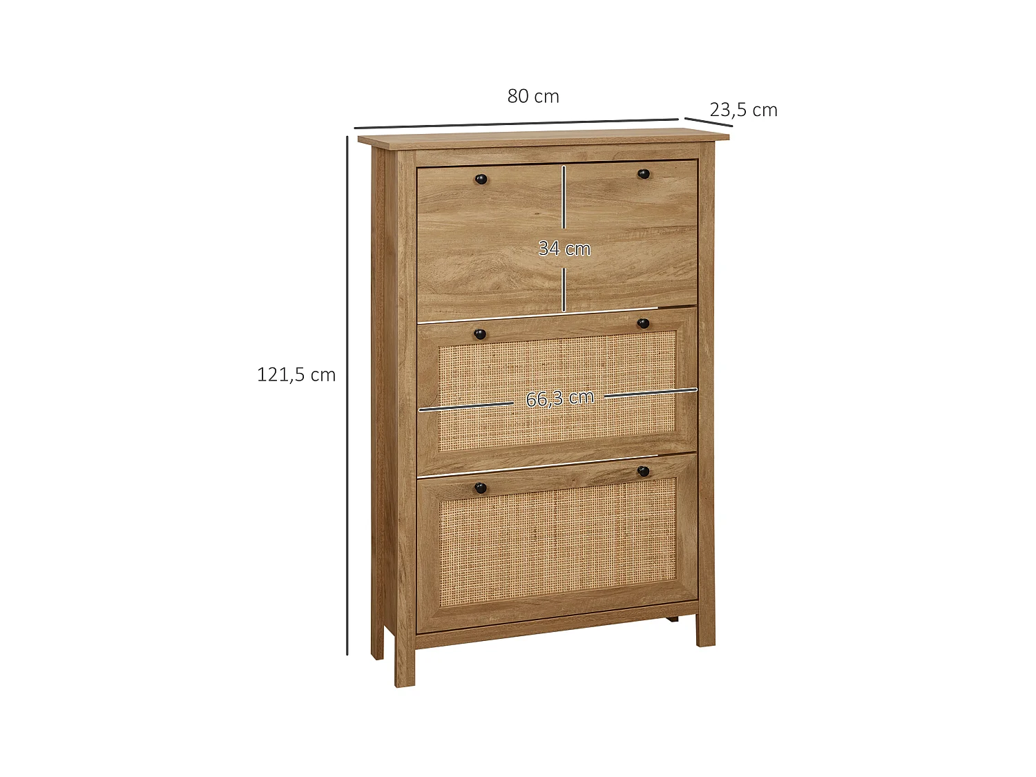 Meuble à chaussures 3 portes abattants dim. 80L x 23,5L x 121,5H cm aspect bois effet cannage rotin
