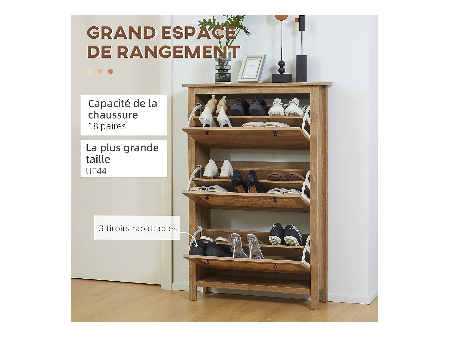 Meuble à chaussures 3 portes abattants dim. 80L x 23,5L x 121,5H cm aspect bois effet cannage rotin
