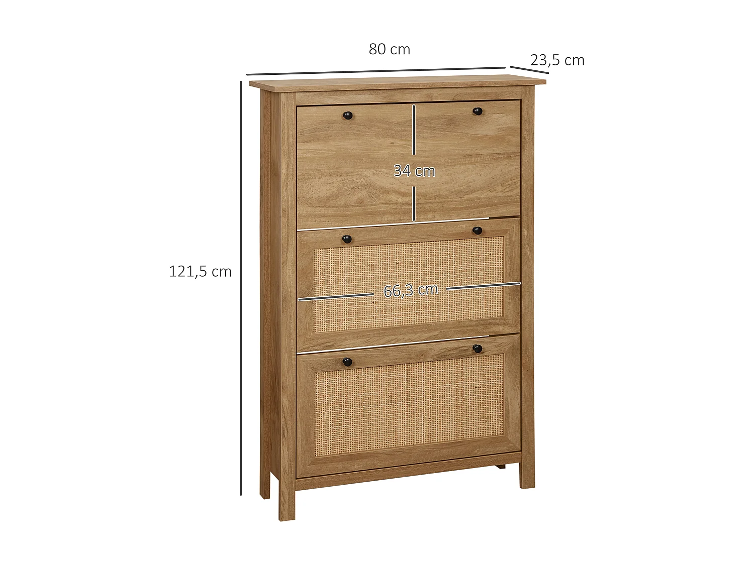 Meuble à chaussures 3 portes abattants dim. 80L x 23,5L x 121,5H cm aspect bois effet cannage rotin