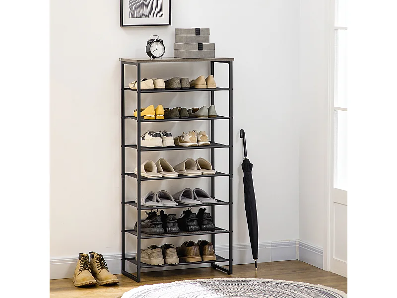 Etagère à chaussures 7 niveaux - rack à chaussures 7 étagères et plateau - acier noir aspect bois gris
