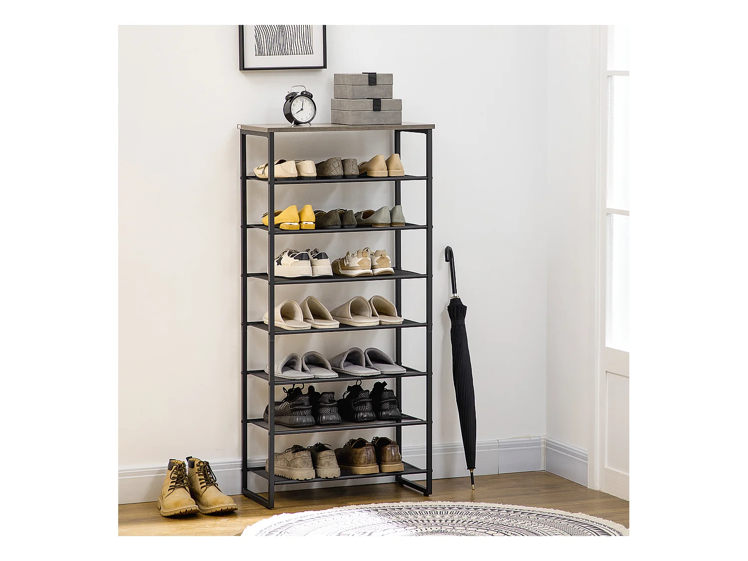 Etagère à chaussures 7 niveaux - rack à chaussures 7 étagères et plateau - acier noir aspect bois gris