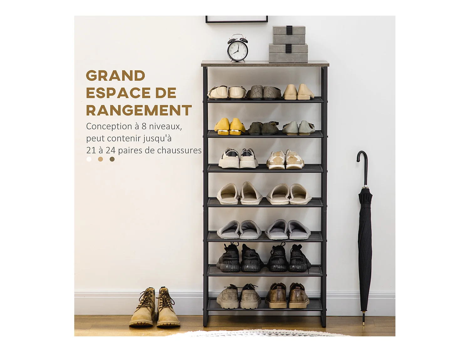 Etagère à chaussures 7 niveaux - rack à chaussures 7 étagères et plateau - acier noir aspect bois gris
