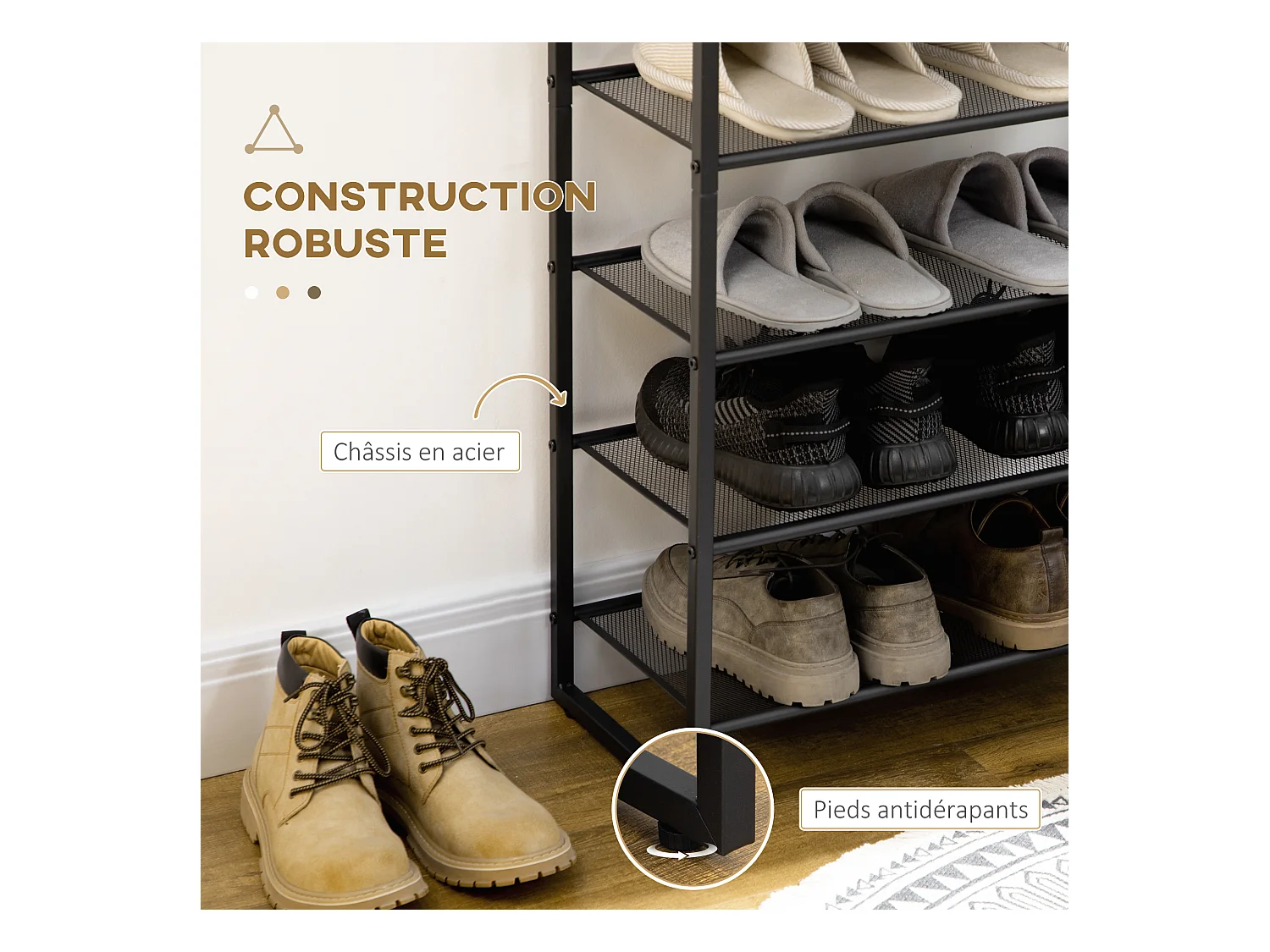 Etagère à chaussures 7 niveaux - rack à chaussures 7 étagères et plateau - acier noir aspect bois gris