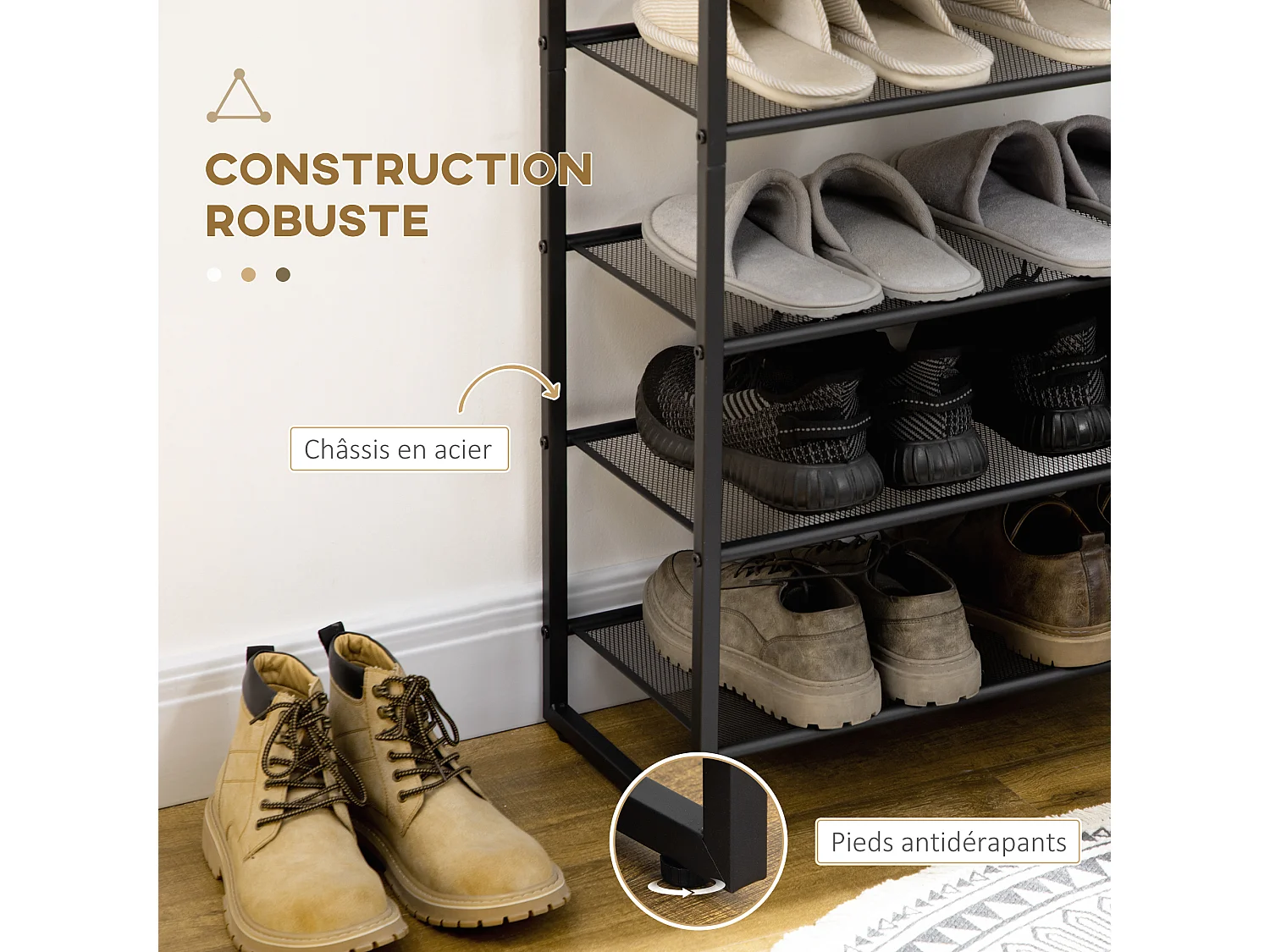 Etagère à chaussures 7 niveaux - rack à chaussures 7 étagères et plateau - acier noir aspect bois gris