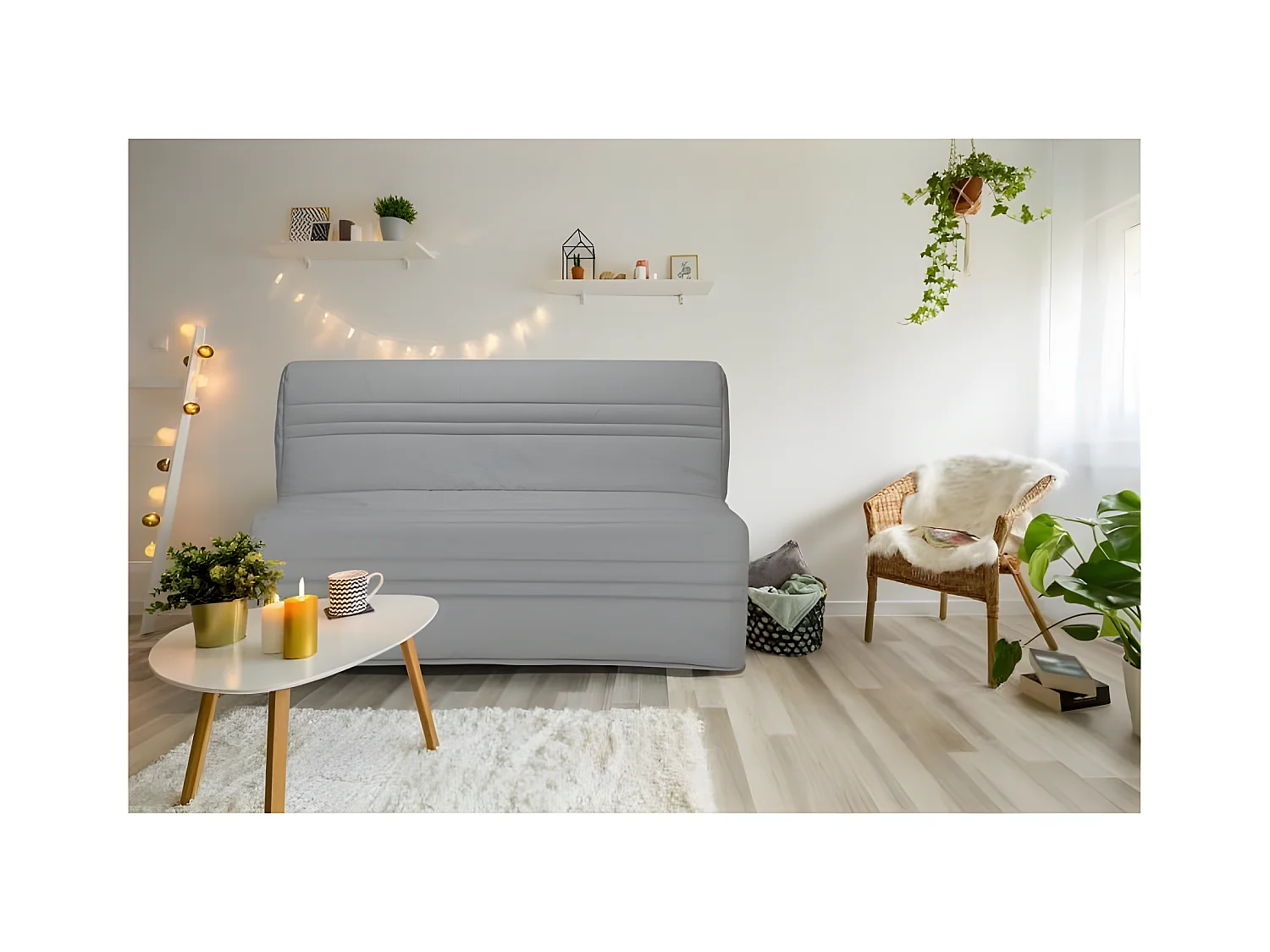 Banqueta BZ 3 lugares JOE Cinza Claro Contemporâneo Metal Lacado - Tecido 100% Algodão - Fabrico Francês