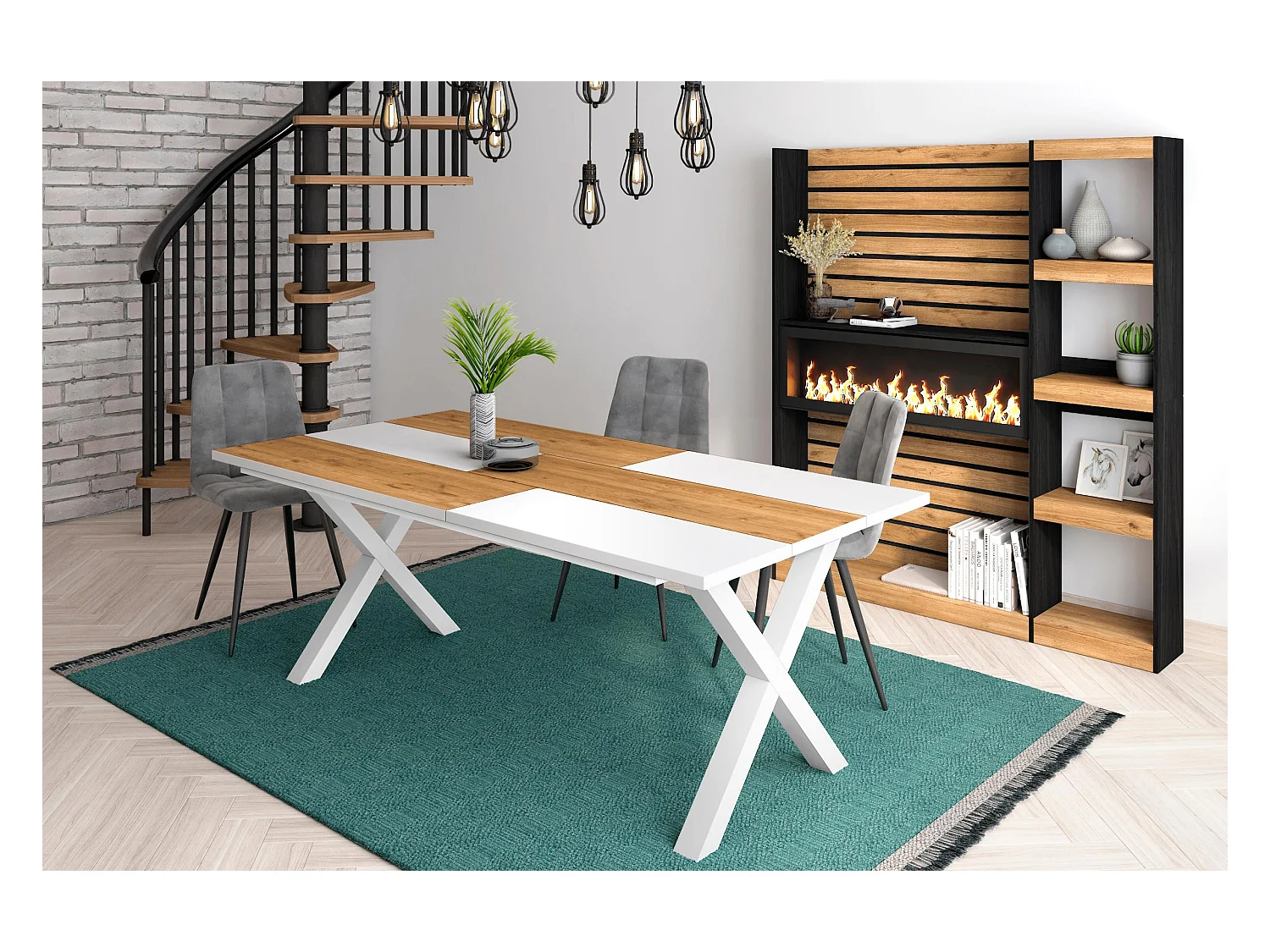 Mesa de sala de jantar, 10 pessoas, 194x90x75cm, Robusto e estável graças à sua estrutura e pernas sólidas, Carvalho e branco, Estilo industrial