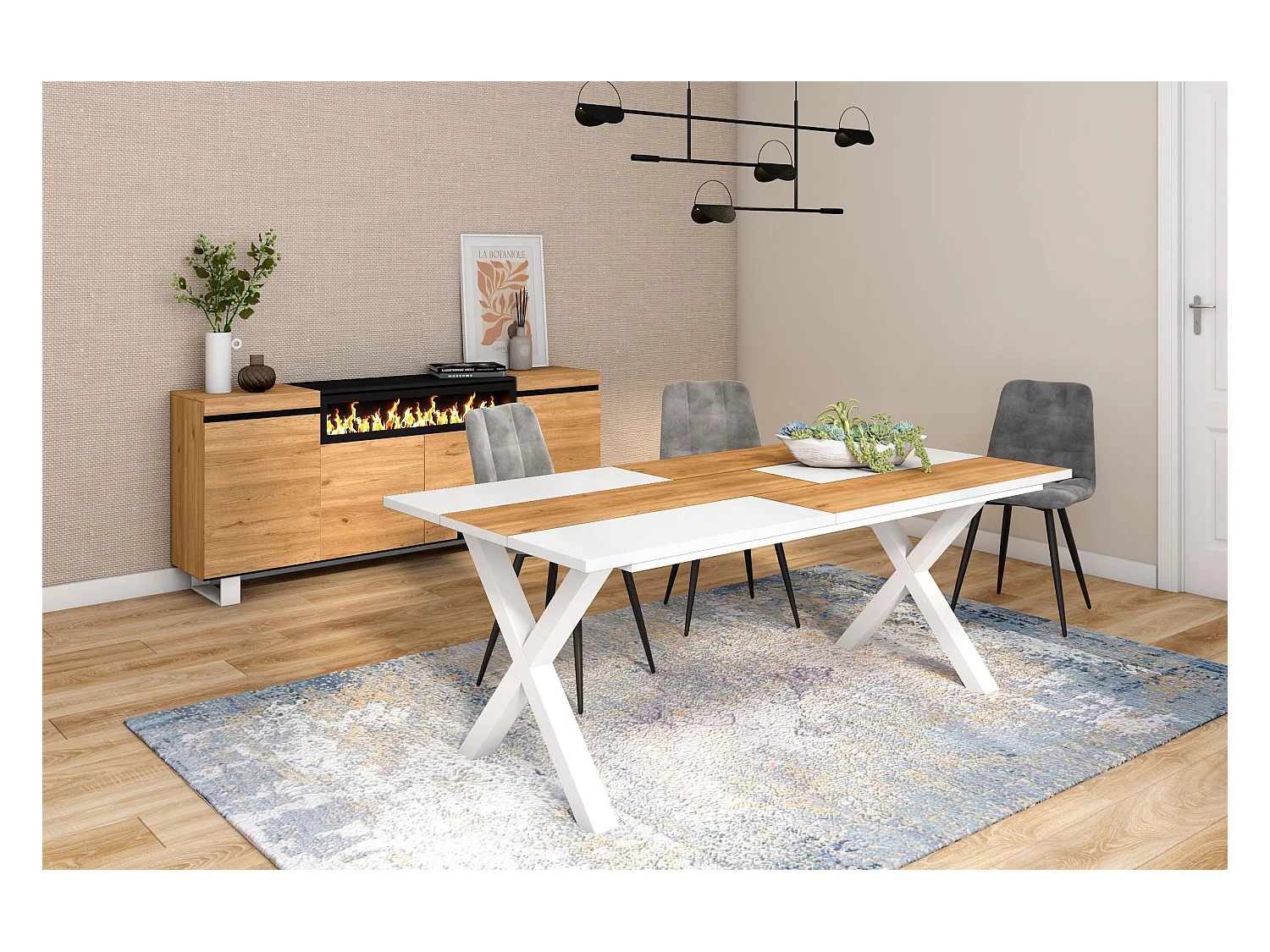 Mesa de sala de jantar, 10 pessoas, 194x90x75cm, Robusto e estável graças à sua estrutura e pernas sólidas, Carvalho e branco, Estilo industrial