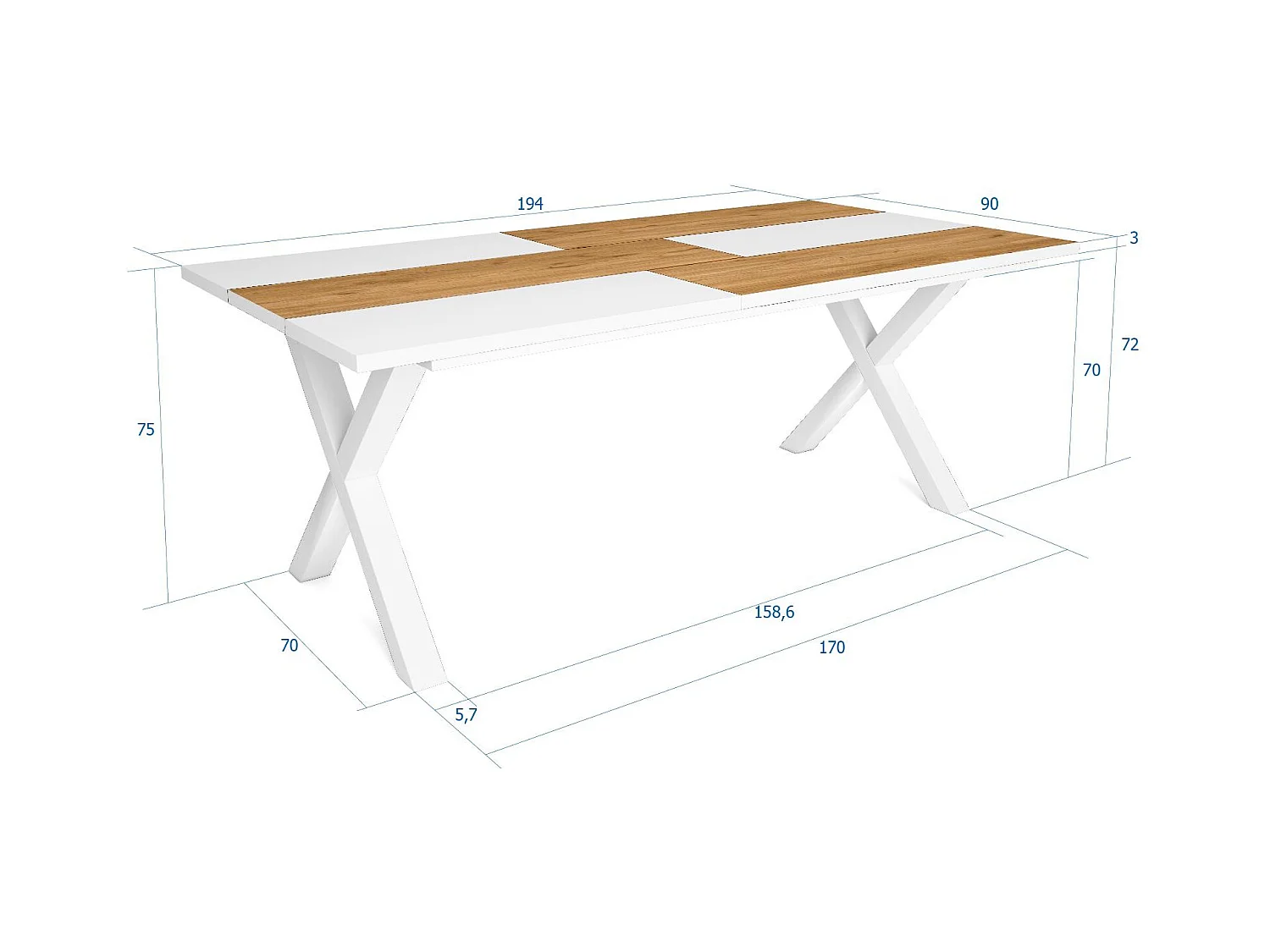 Mesa de sala de jantar, 10 pessoas, 194x90x75cm, Robusto e estável graças à sua estrutura e pernas sólidas, Carvalho e branco, Estilo industrial