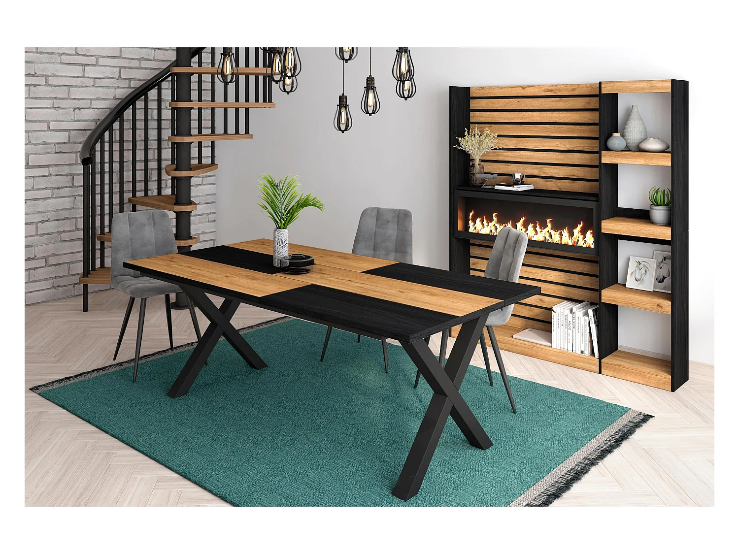 Table à manger, 10 personnes, 194x90x75cm, Robuste et stable grâce à sa structure et aux pieds solides, Chêne et noir, Style industriel