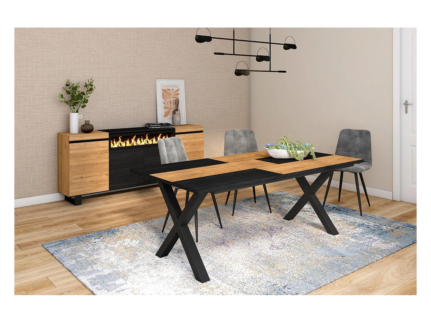 Table à manger, 10 personnes, 194x90x75cm, Robuste et stable grâce à sa structure et aux pieds solides, Chêne et noir, Style industriel