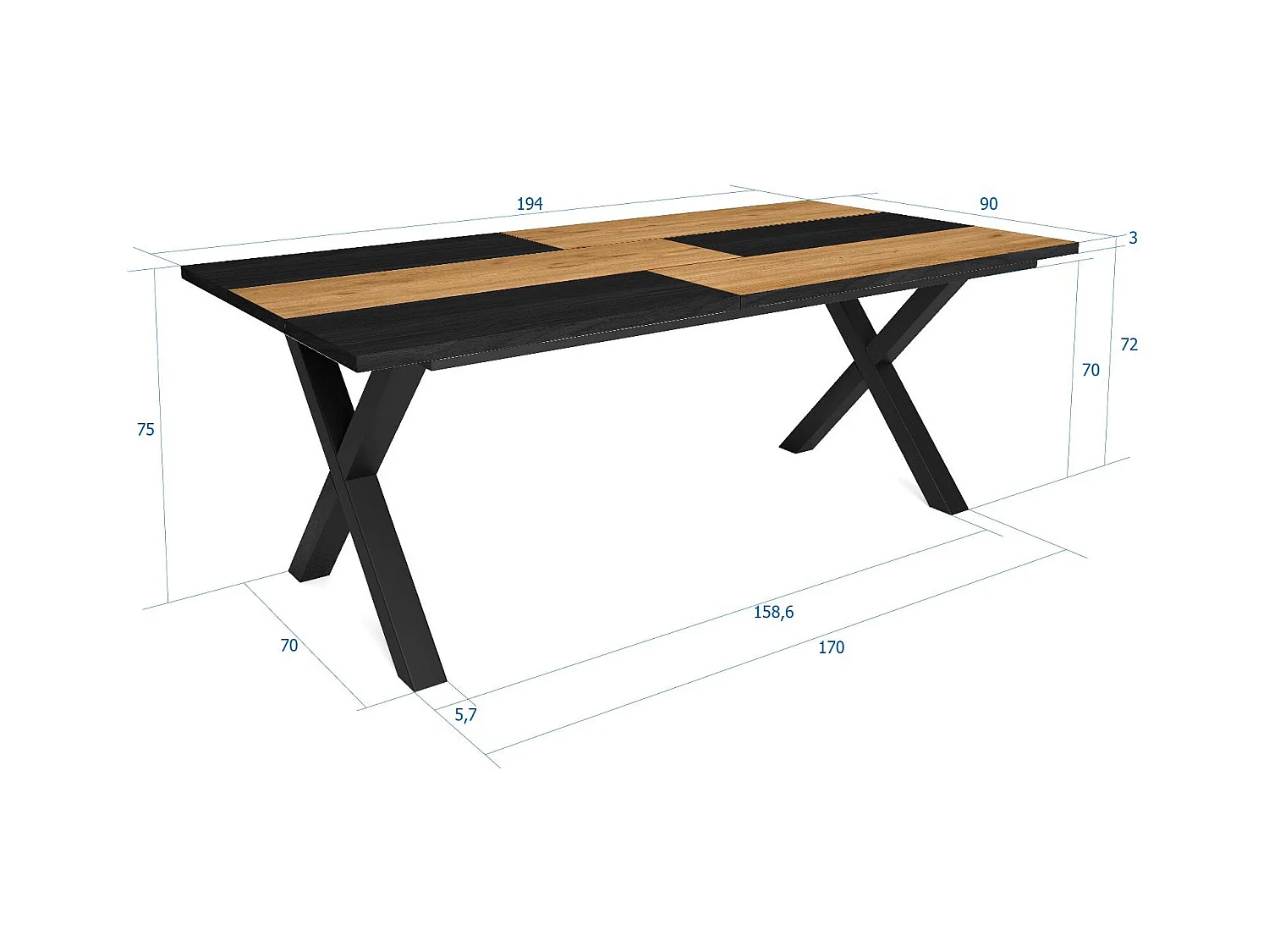 Table à manger, 10 personnes, 194x90x75cm, Robuste et stable grâce à sa structure et aux pieds solides, Chêne et noir, Style industriel