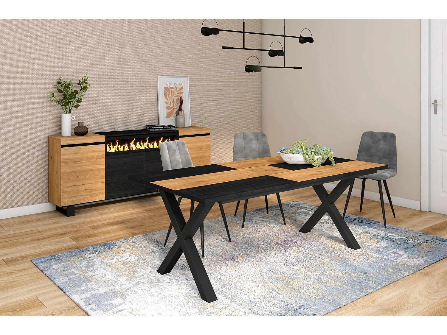 Table à manger, 10 personnes, 194x90x75cm, Robuste et stable grâce à sa structure et aux pieds solides, Chêne et noir, Style industriel