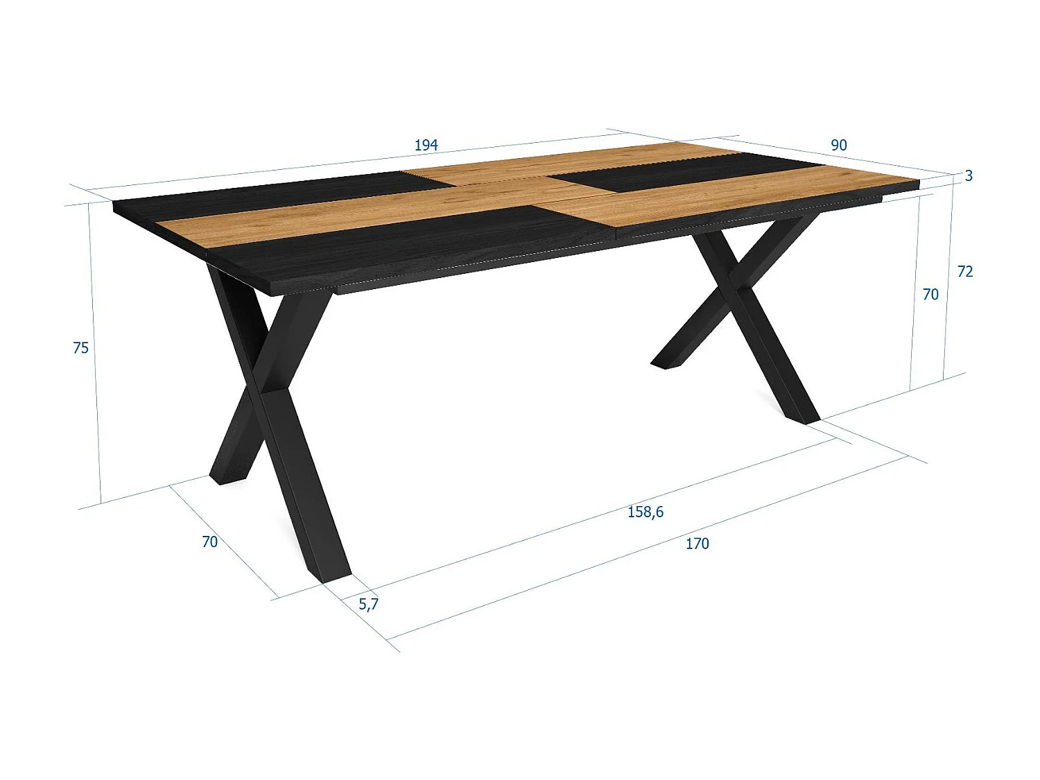Table à manger, 10 personnes, 194x90x75cm, Robuste et stable grâce à sa structure et aux pieds solides, Chêne et noir, Style industriel