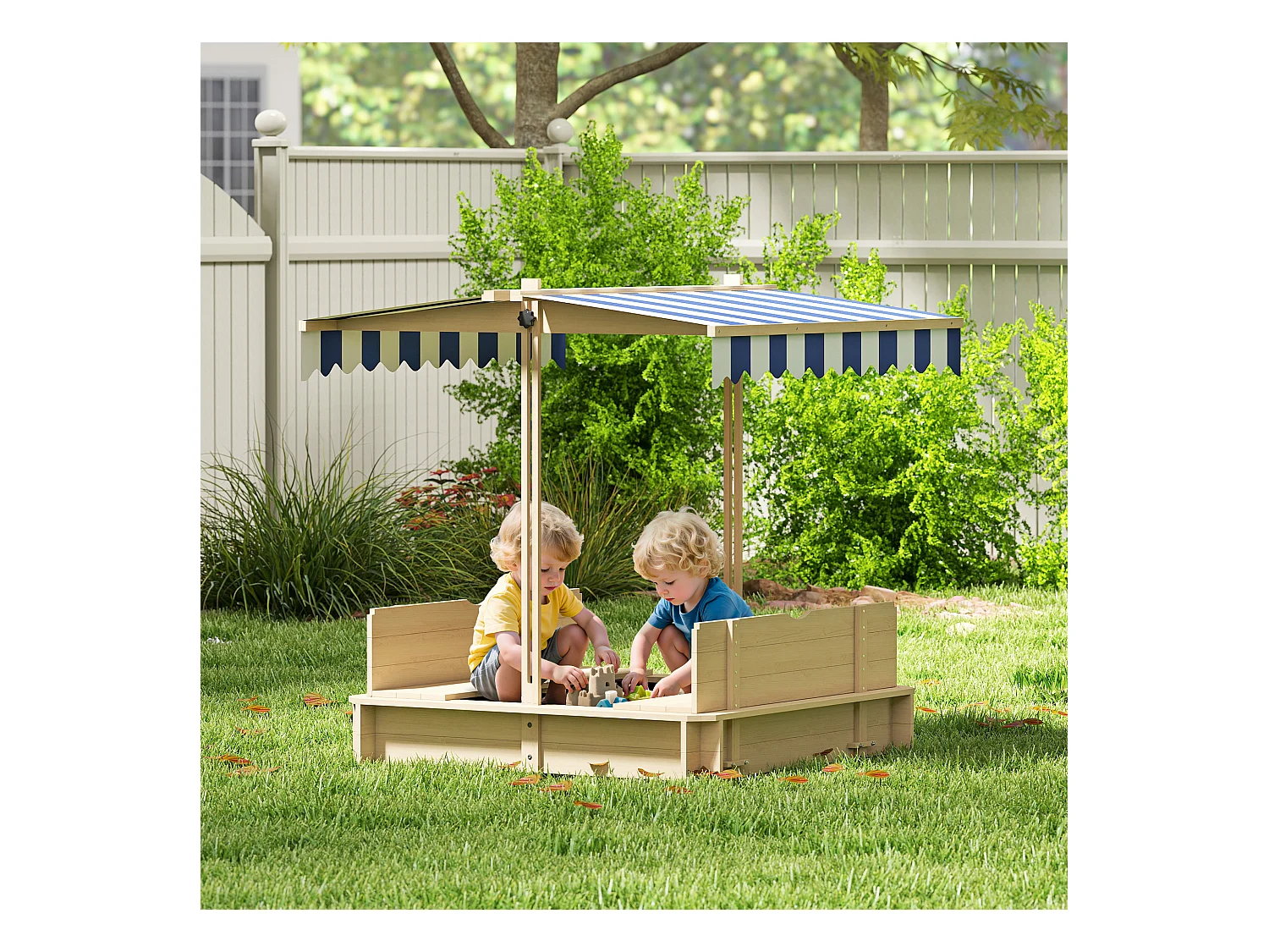 Bac à sable carré en bois pour enfant dim. 106L x 106l cm avec bancs et couvercle - auvent réglable