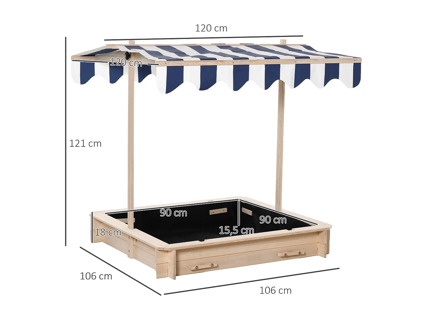 Bac à sable carré en bois pour enfant dim. 106L x 106l cm avec bancs et couvercle - auvent réglable