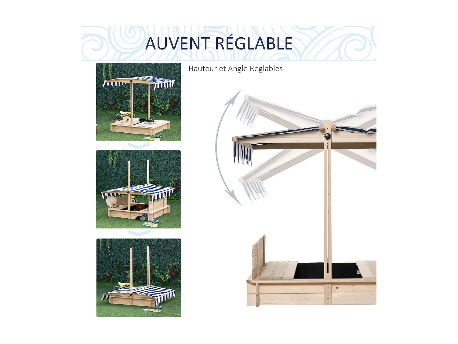 Bac à sable carré en bois pour enfant dim. 106L x 106l cm avec bancs et couvercle - auvent réglable