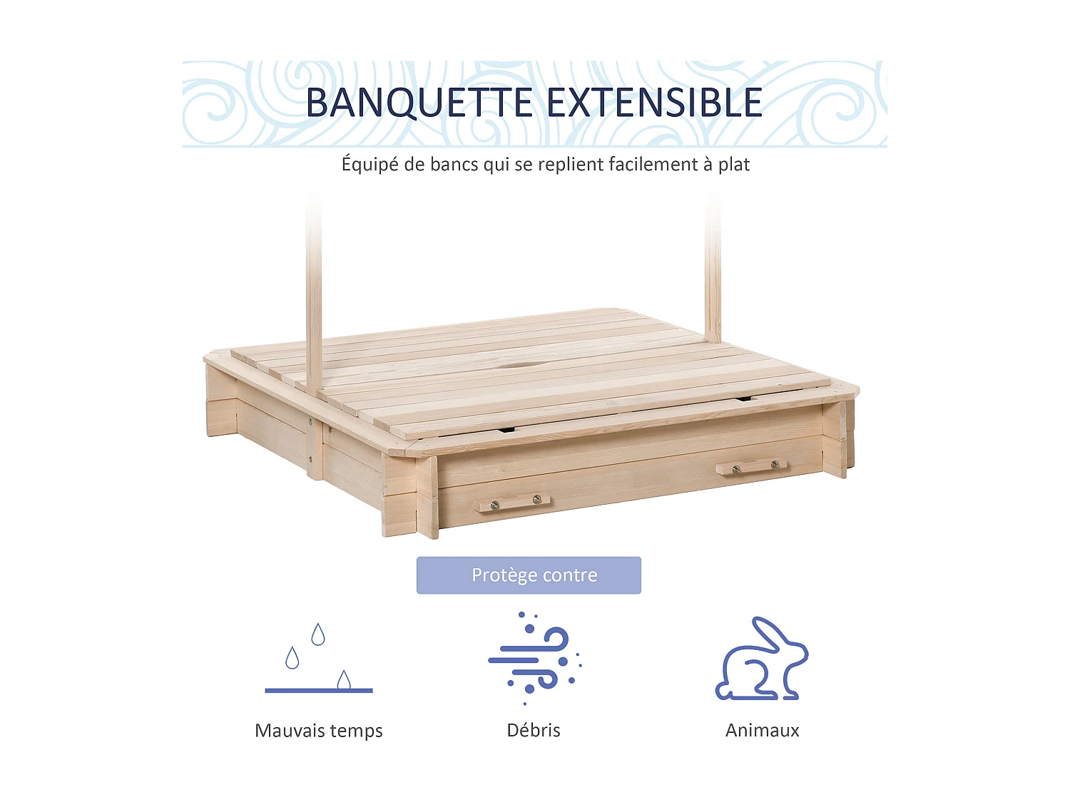 Bac à sable carré en bois pour enfant dim. 106L x 106l cm avec bancs et couvercle - auvent réglable