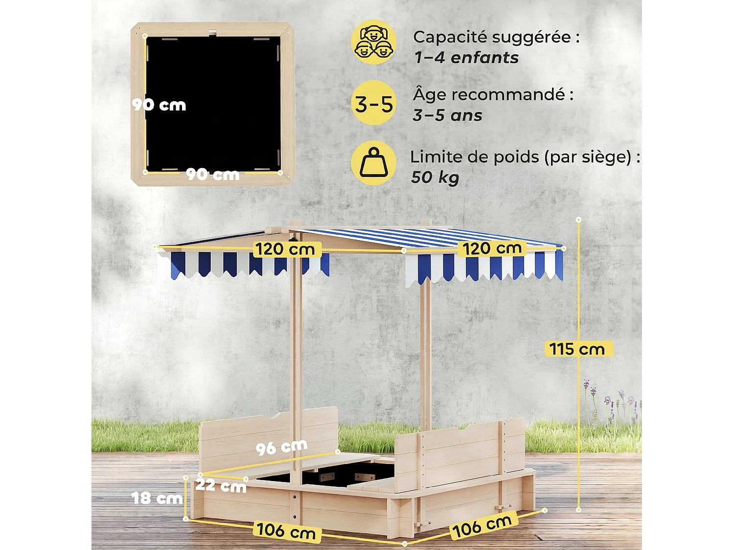 Bac à sable carré en bois pour enfant dim. 106L x 106l cm avec bancs et couvercle - auvent réglable