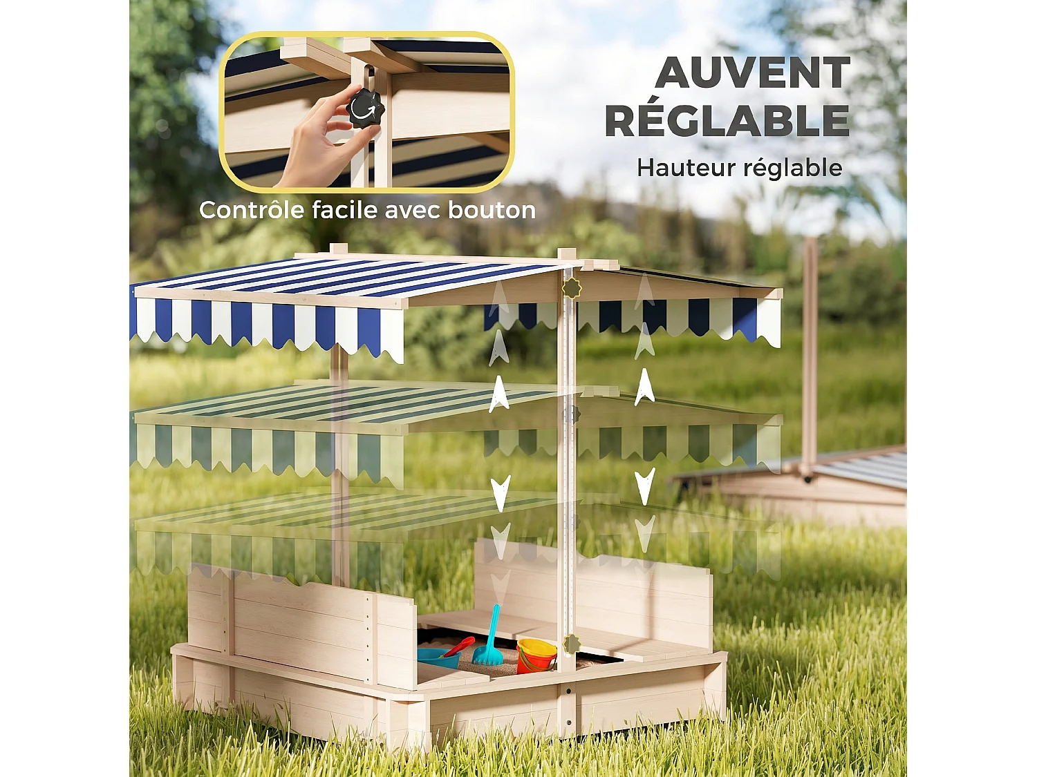 Bac à sable carré en bois pour enfant dim. 106L x 106l cm avec bancs et couvercle - auvent réglable