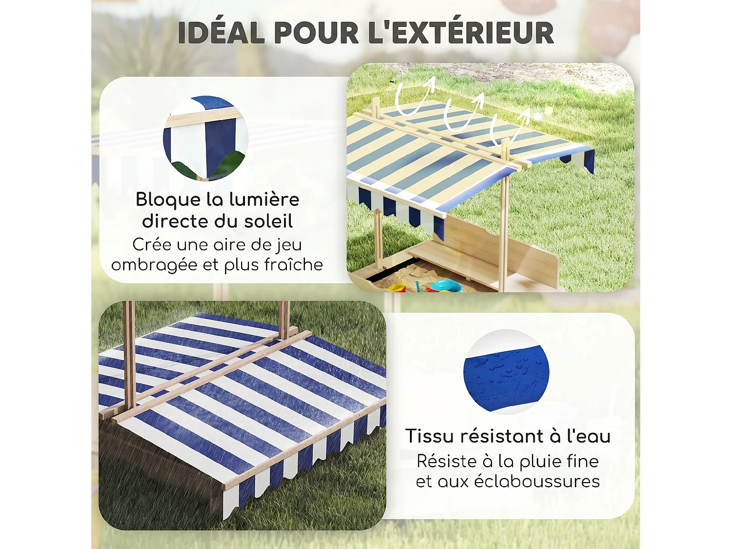 Bac à sable carré en bois pour enfant dim. 106L x 106l cm avec bancs et couvercle - auvent réglable