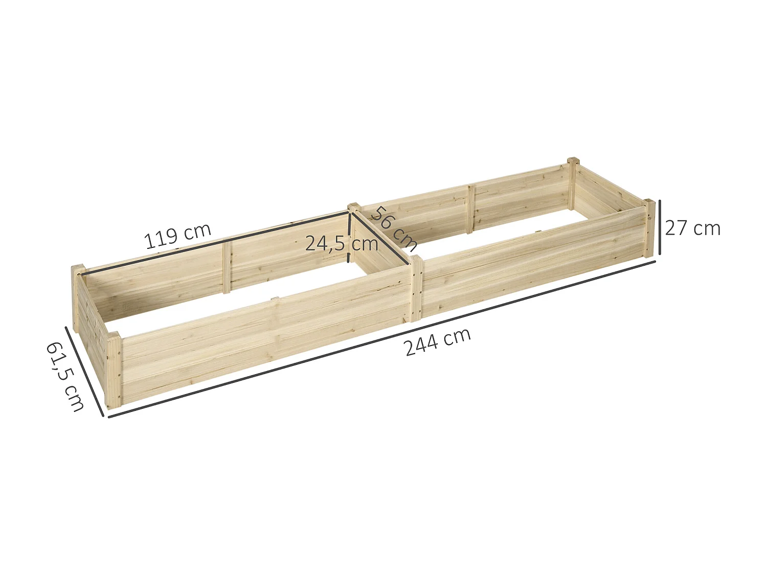 Carré potager de jardin dim. 244 x 61,5 x 27 cm feutre de drainage, séparation inclus bois de sapin