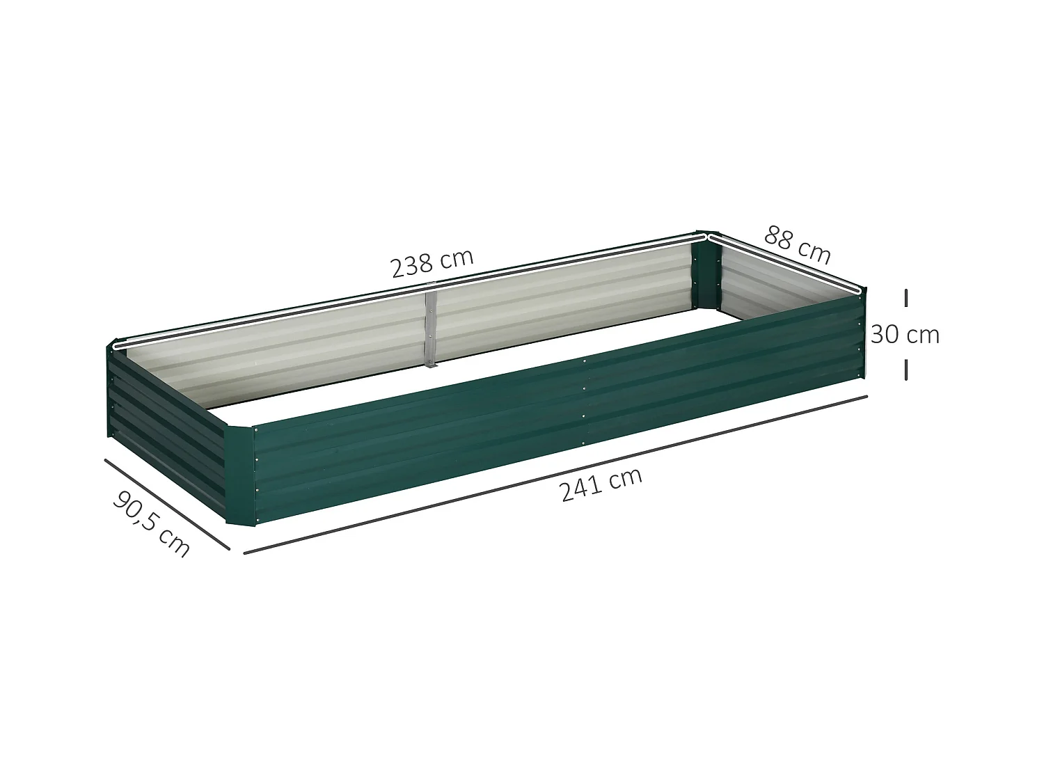 Carré potager de jardin dim. 241L x 90l x 30H cm tôle d'acier ondulée vert foncé