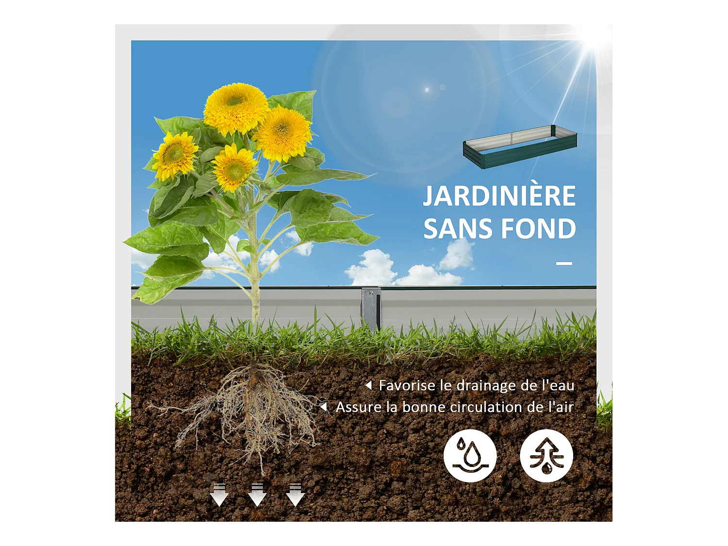 Carré potager de jardin dim. 241L x 90l x 30H cm tôle d'acier ondulée vert foncé