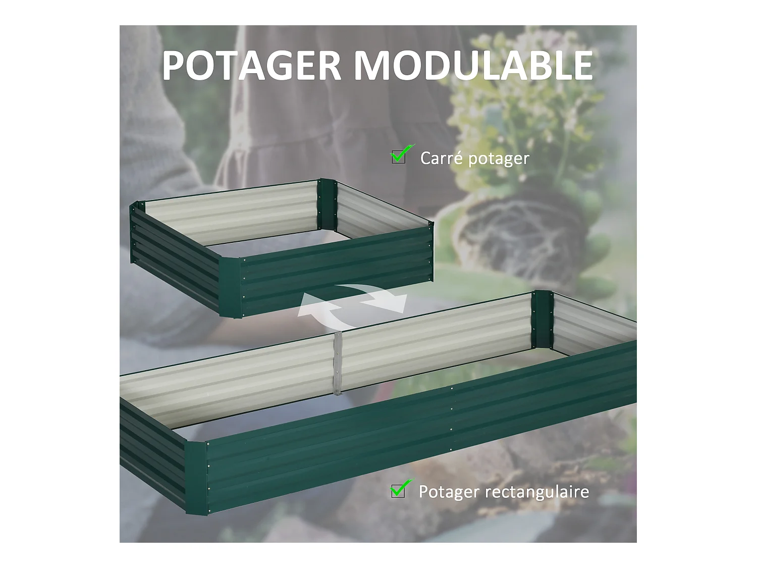 Carré potager de jardin dim. 241L x 90l x 30H cm tôle d'acier ondulée vert foncé