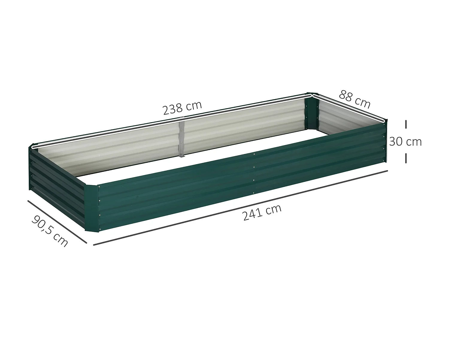 Carré potager de jardin dim. 241L x 90l x 30H cm tôle d'acier ondulée vert foncé
