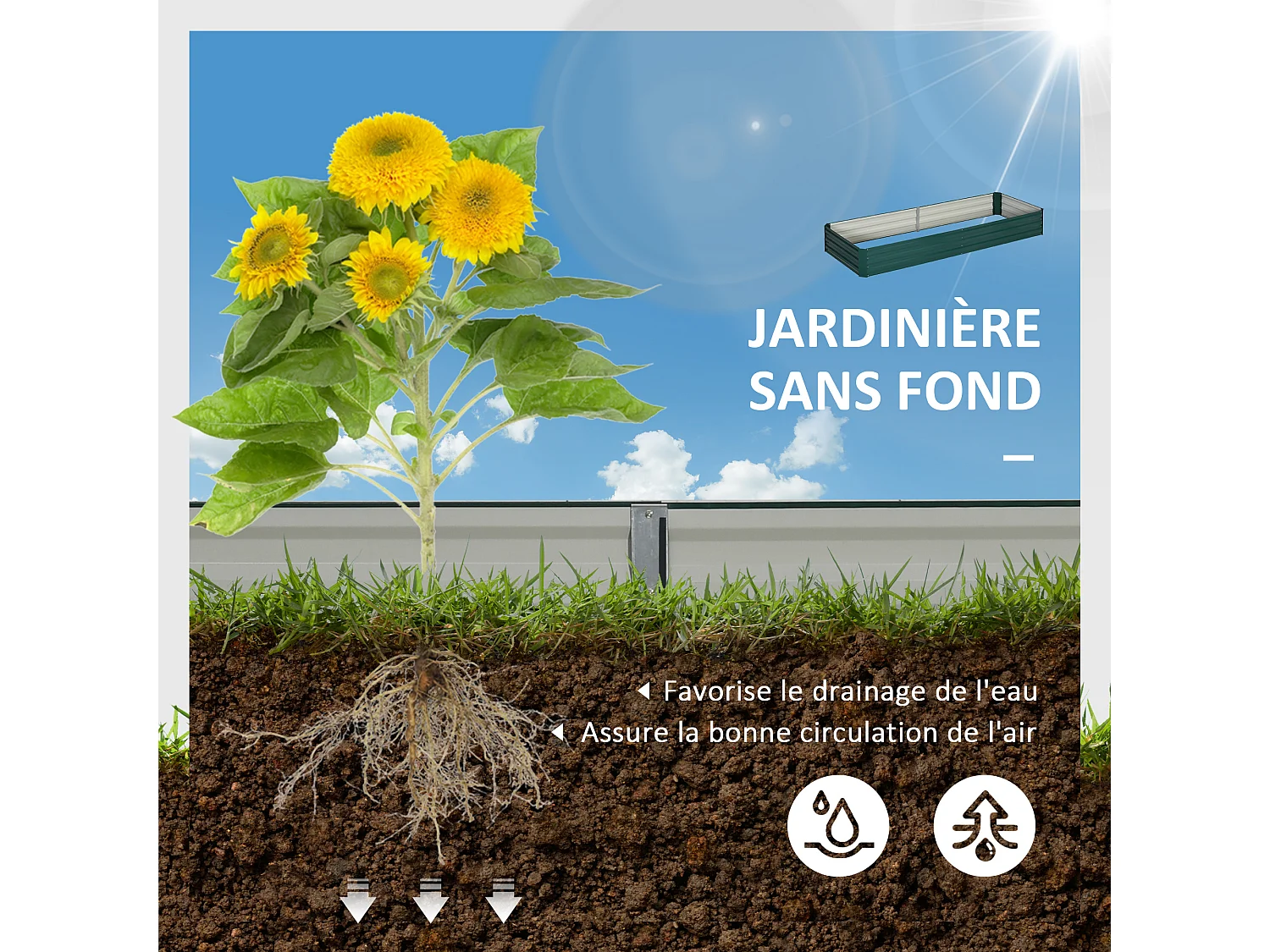 Carré potager de jardin dim. 241L x 90l x 30H cm tôle d'acier ondulée vert foncé