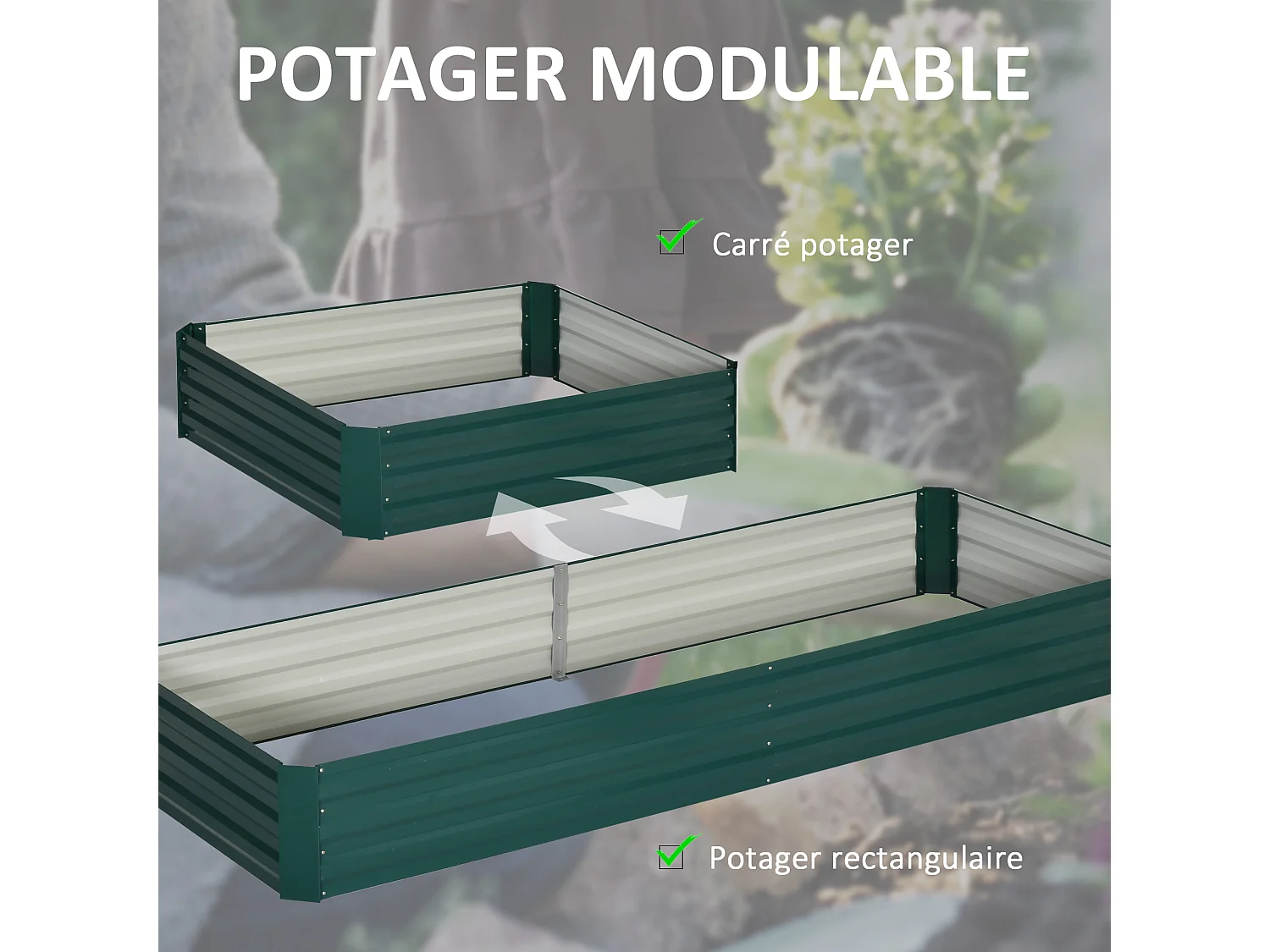Carré potager de jardin dim. 241L x 90l x 30H cm tôle d'acier ondulée vert foncé