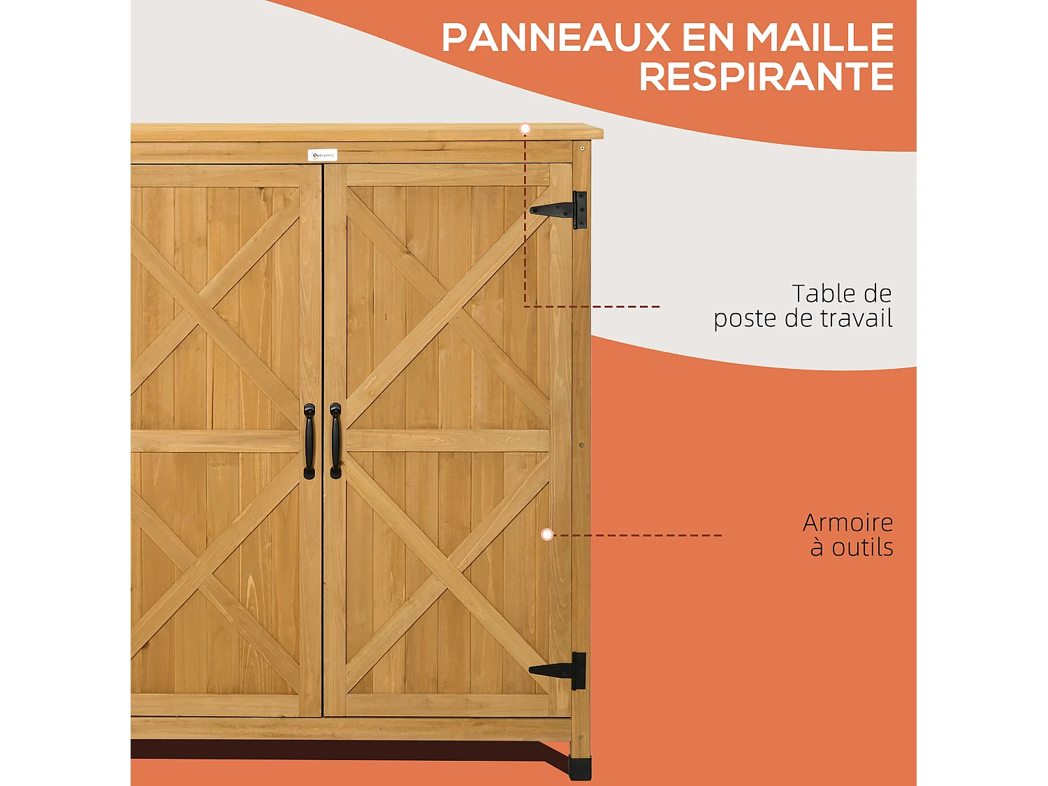 Armoire de jardin sur pied table de rempotage 2 en 1 - double porte, 2 étagères - bois de sapin pré-huilé