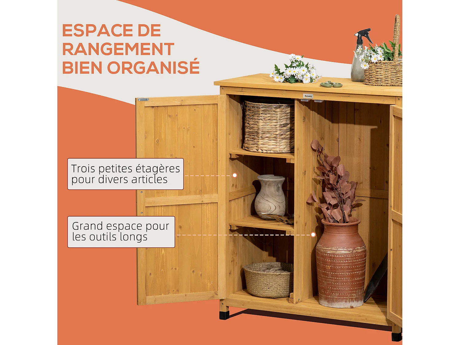 Armoire de jardin sur pied table de rempotage 2 en 1 - double porte, 2 étagères - bois de sapin pré-huilé