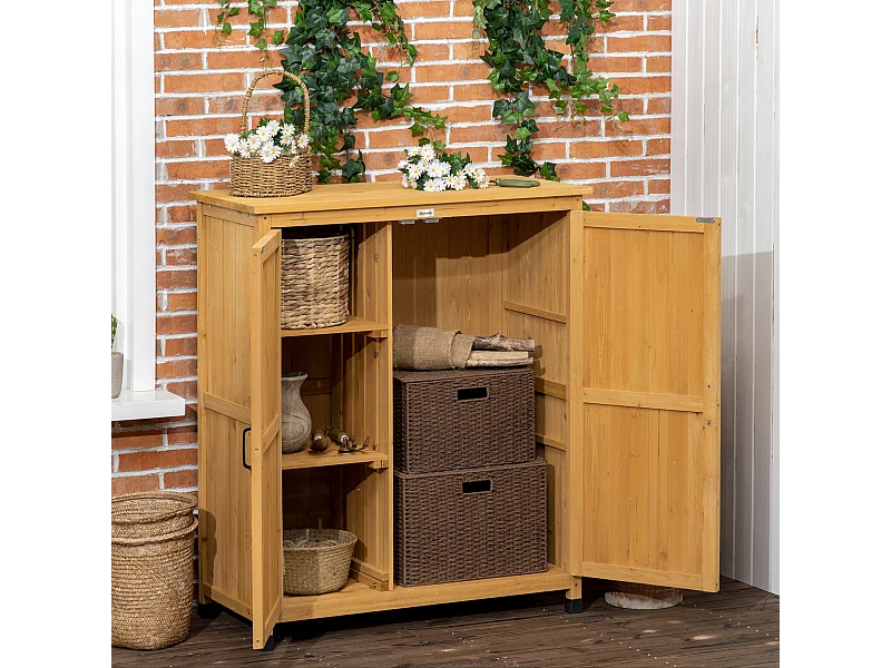 Armoire de jardin sur pied table de rempotage 2 en 1 - double porte, 2 étagères - bois de sapin pré-huilé