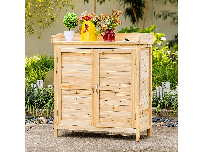 Armoire de jardin sur pied avec plateau - double porte, étagère - bois de sapin pré-huilé