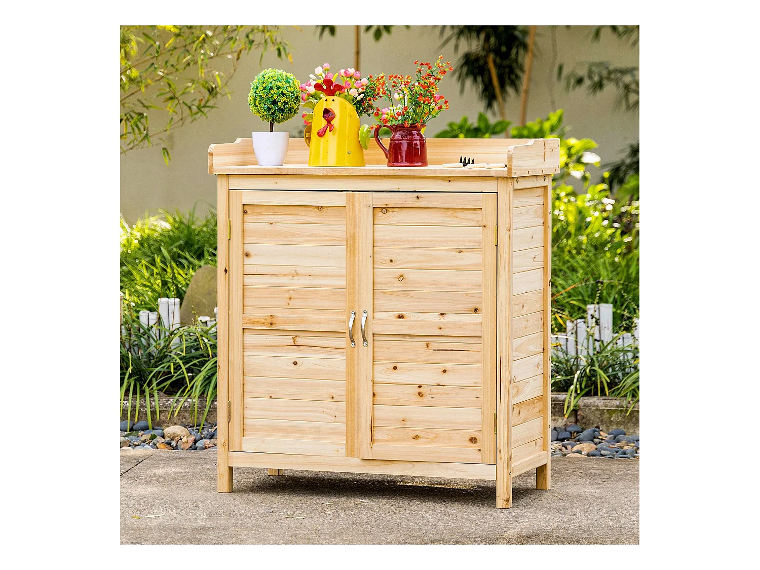 Armoire de jardin sur pied avec plateau - double porte, étagère - bois de sapin pré-huilé