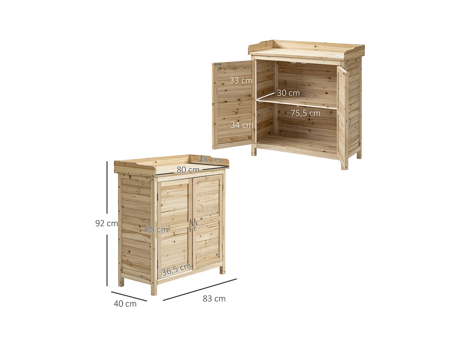 Armoire de jardin sur pied avec plateau - double porte, étagère - bois de sapin pré-huilé