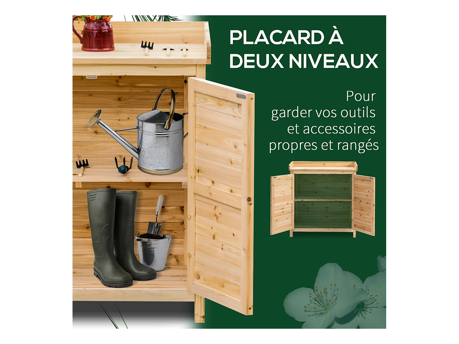 Armoire de jardin sur pied avec plateau - double porte, étagère - bois de sapin pré-huilé