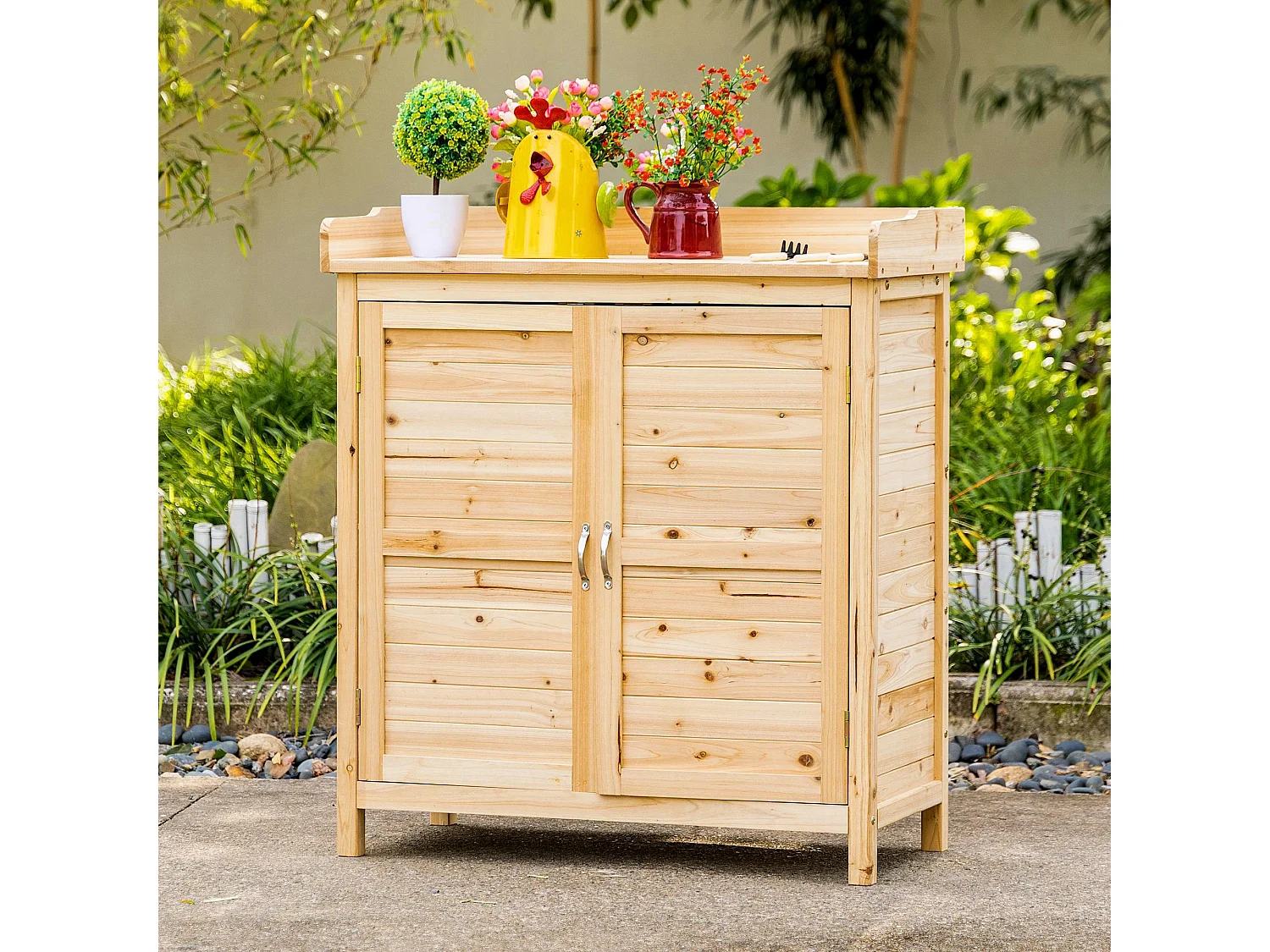 Armoire de jardin sur pied avec plateau - double porte, étagère - bois de sapin pré-huilé