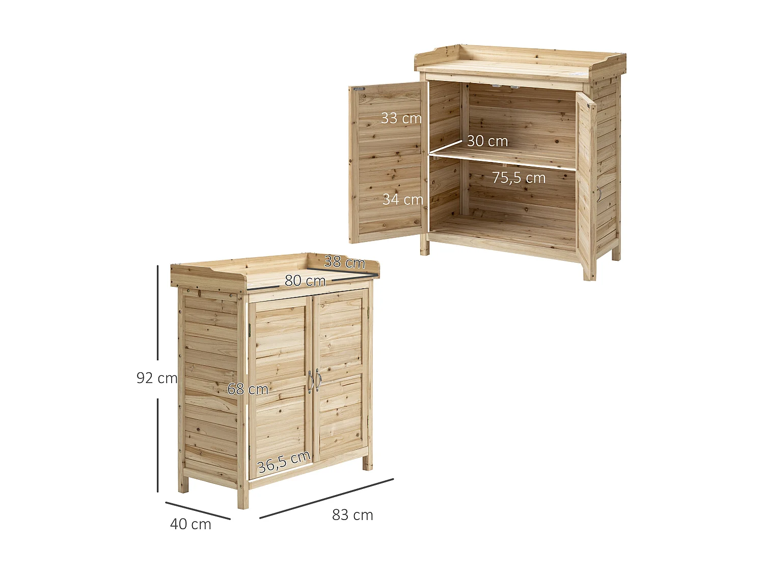 Armoire de jardin sur pied avec plateau - double porte, étagère - bois de sapin pré-huilé